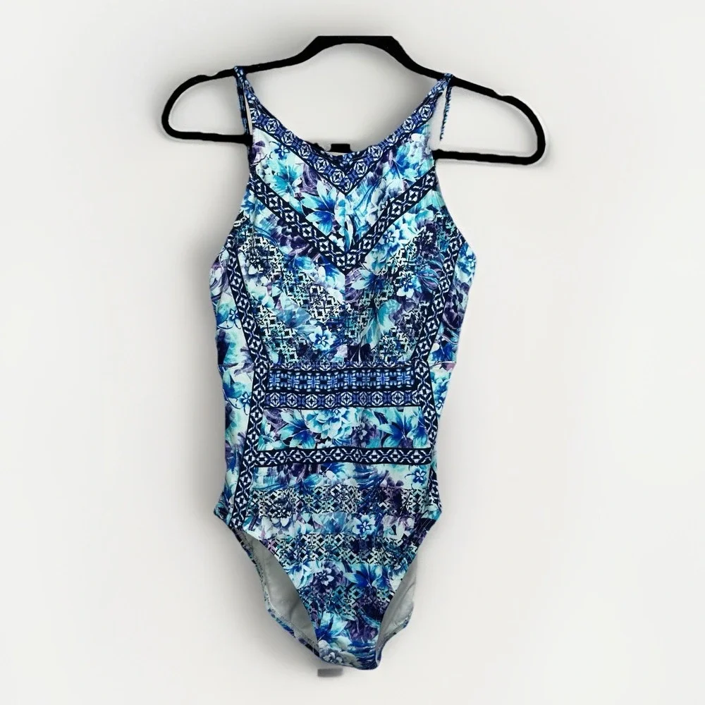 NWT MRSP $159 TOMMY BAHAMA One Piece Blue Floral Swimsuit Tummy Control Size 10